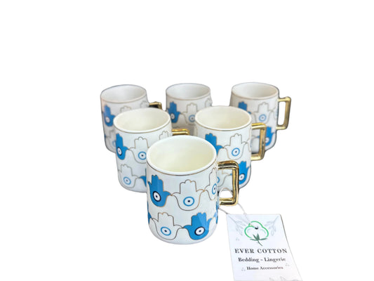 Ceramic Cups Set Of 6pcs-Blue White-Medium